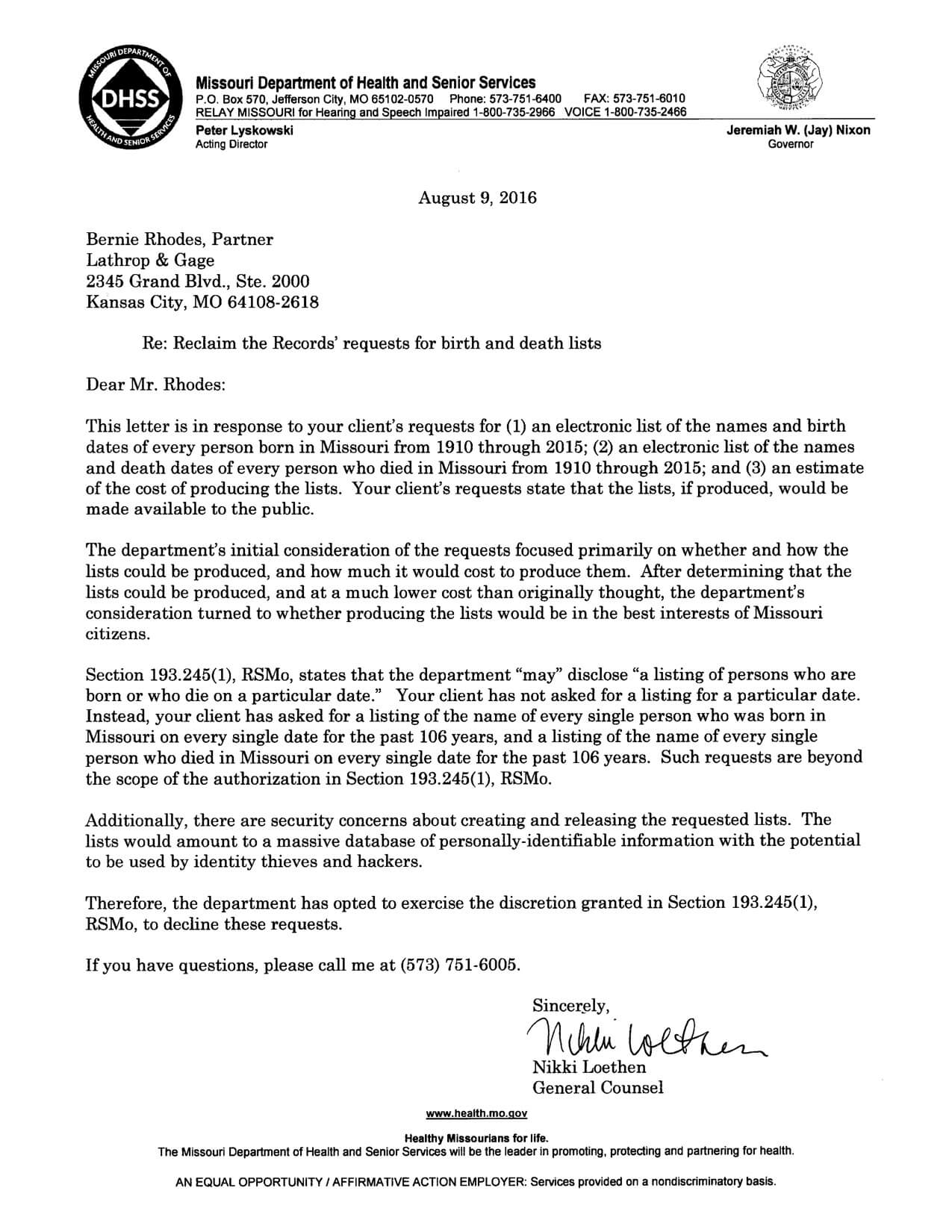 LETTER FROM MISSOURI DEPT OF HEALTH AND SENIOR SERVICES TO RECLAIM THE RECORDS (AUGUST 9, 2016)