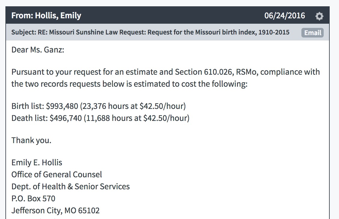 Screenshot of original cost estimate sent by Missouri DHSS