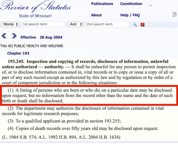 Screenshot of Missouri law